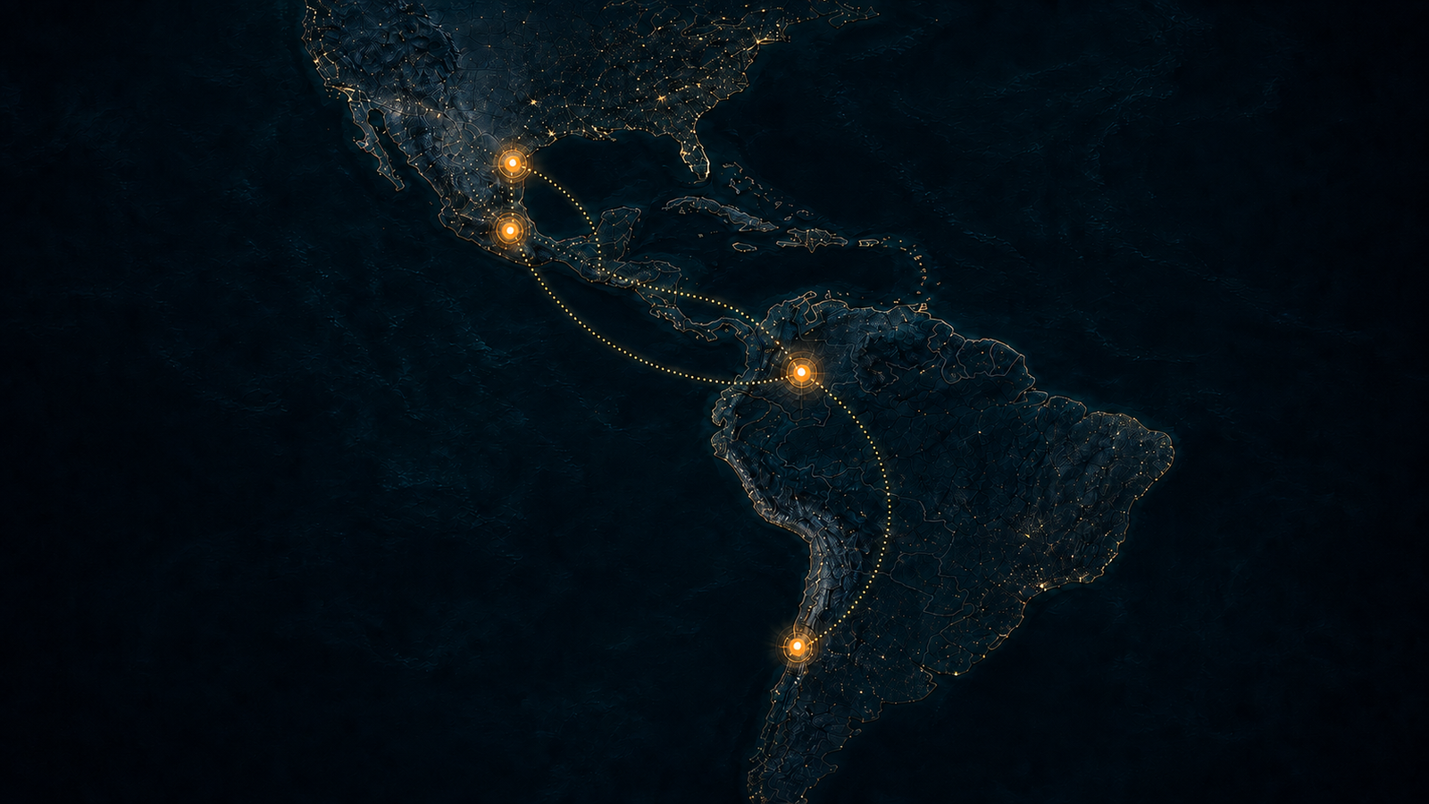 Mapa de América con conexiones entre Monterrey, Ciudad de México, Bogotá y Santiago